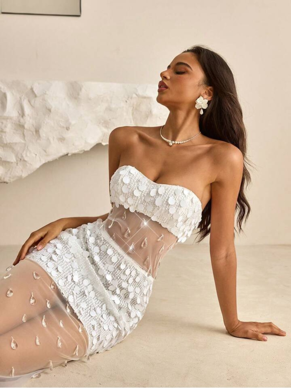 White Strapless Sequin Sheer Maxi Dress Crystal Detail Bodycon - Medium